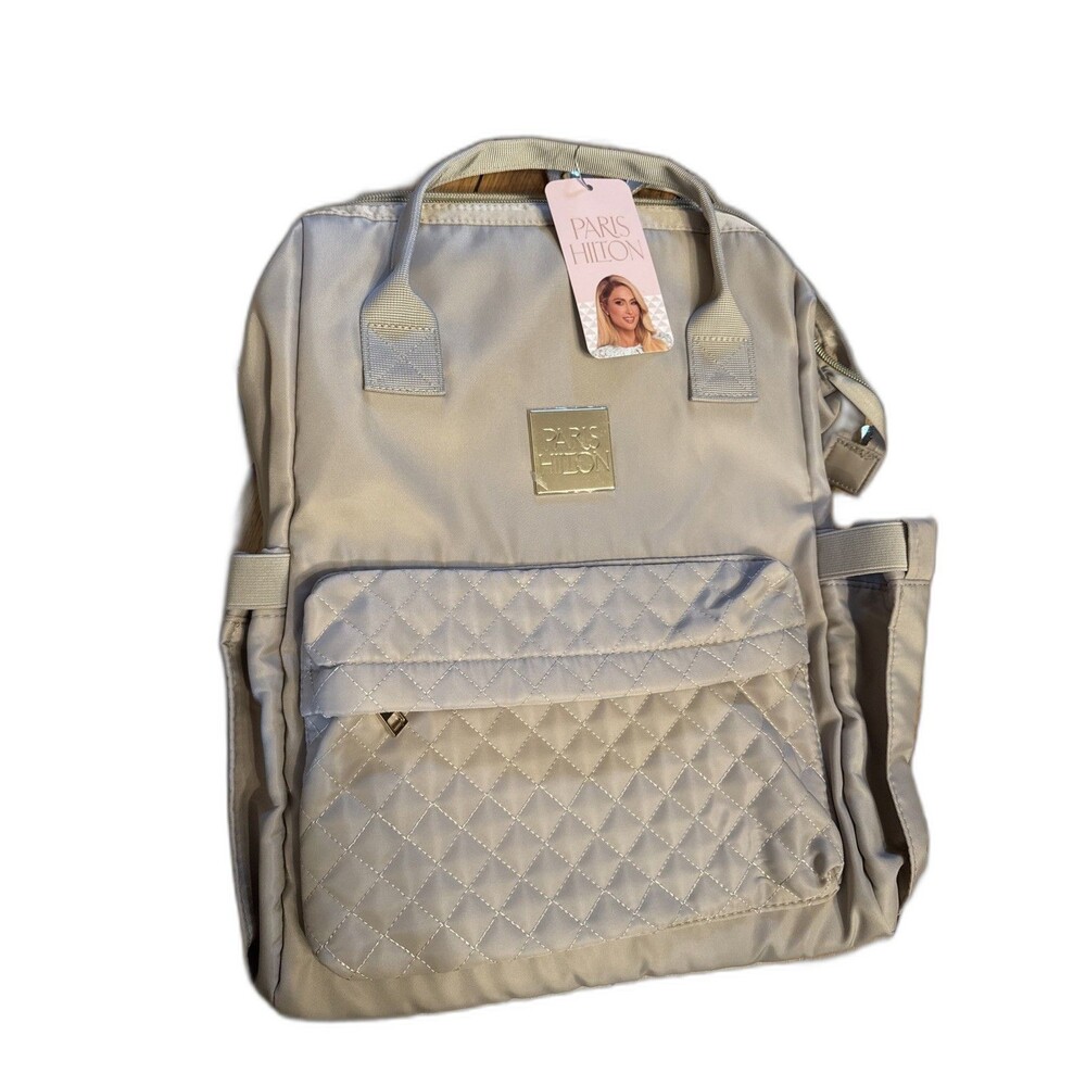 Paris Hilton Travel Laptop Bag Backpack Beige Quilted Womens NWT